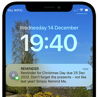 Screenshot of a text reminder on a mobile phone from Simply Remind Me, the simple text reminder app